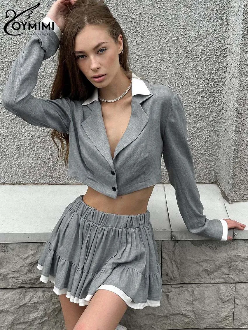 Oymimi Fashion Grey Patchwork Sets Womens 2 Piece Elegant Long Sleeve Button Crop Shirts And High Waist Pleated Mini Skirts Sets