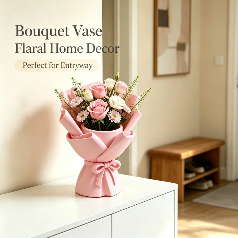 Wrapped Bouquet-Style Vase, Matte Pink Satin Ribbon Bow, Creative Irregular-Shaped Flower Vessel, Artistic Sculptural Design, Novelty Design, Petg Durable Plastic with Matte Smooth Texture, Tabletop Flower Arrangement, Flower Display, Suitable for Modern Minimalist Romantic Style Home Decor, Living Room, Entryway, Bedroom, Dressing Table Ornament, Wedding Party Spring Decoration, Valentine's Day, Mother's Day, Birthday, Housewarming, Wedding, Gift for Women