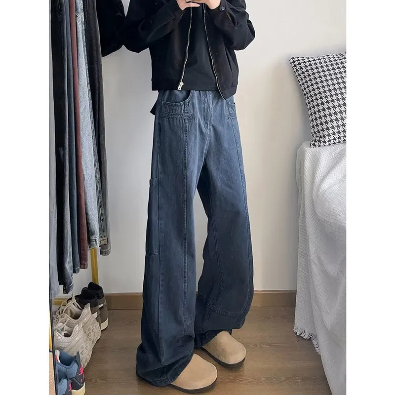 

Джинсовая рабочая одежда, брюки, прямые брюки, повседневные свободные брюки для мужчин и женщин, утягивающие американские брюки с завышенной талией