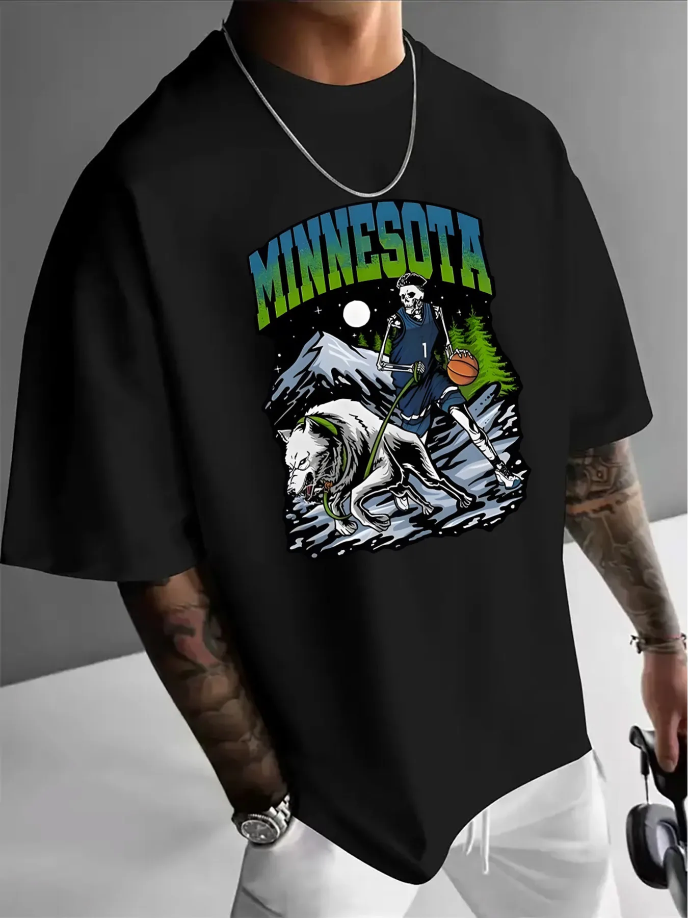 Minnesota Skeleton Basketball Print T-Shirt | Casual Crew Neck Short Sleeve Tee For Men, Summer Fashion Trendy Graphic Tee With
