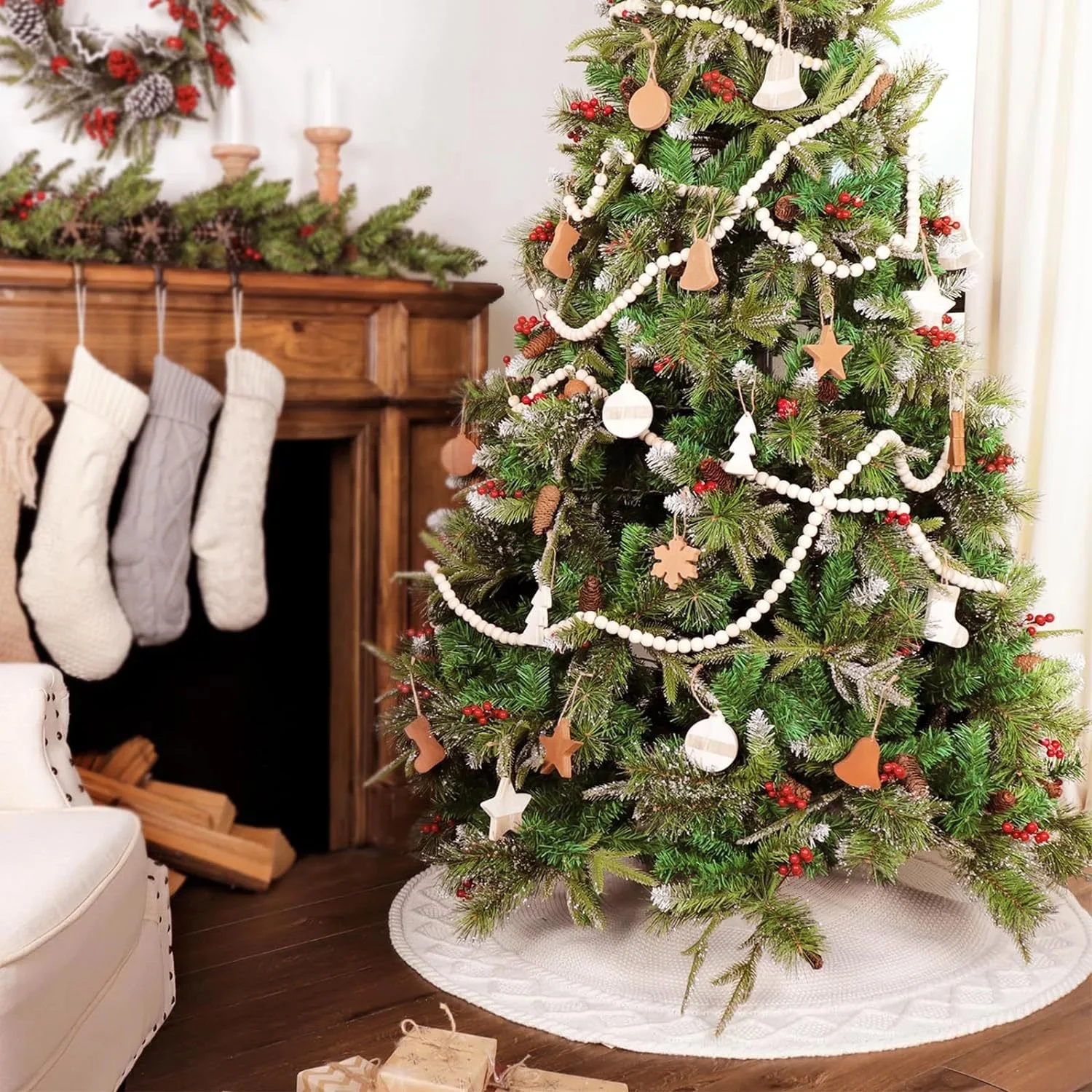 

Beige Christmas Tree Skirt Knitted Design Round Shape Tree Base Decor Mat For Holiday Winter Home Party Decorations