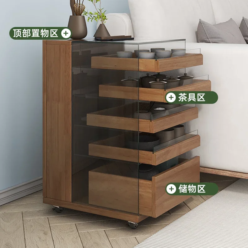 Solid wood table rack, tea set storage tea table display, sofa side table corner, movable side cabinet