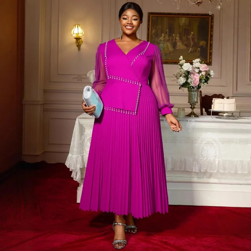 

Dashiki African Clothes for Women Autumn African Long Sleeve V-neck Elegant Plus Size Long Pleat Dress Party Evening Gowns