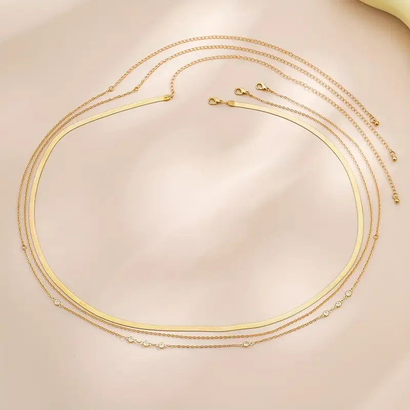 3pcs/set Boho Crystal Chain Belly Waist Chain for Women Simple Punk Gold Color Flat Snake Chain Bikini Body Jewelry Gifts 2024