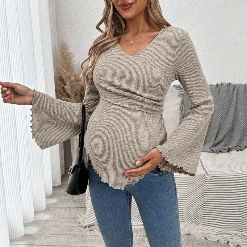 Women Pregnant Knitwear Maternity Tops V-Neck Flared Bell Sleeve Shirt for Casual Pullover