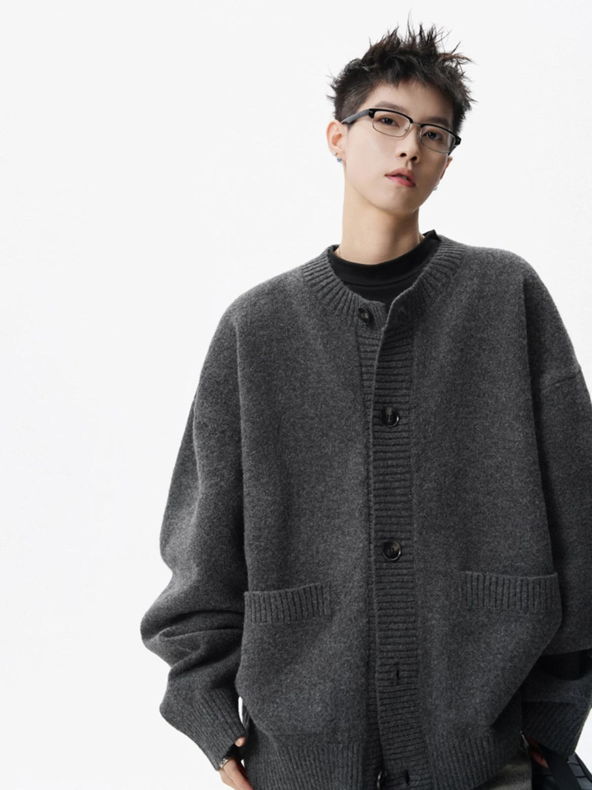 Spring and Autumn New American Retro Men's Light Gray Cardigan Sweater Couple High Street Large Pocket Casual Dark Gray Cardigan