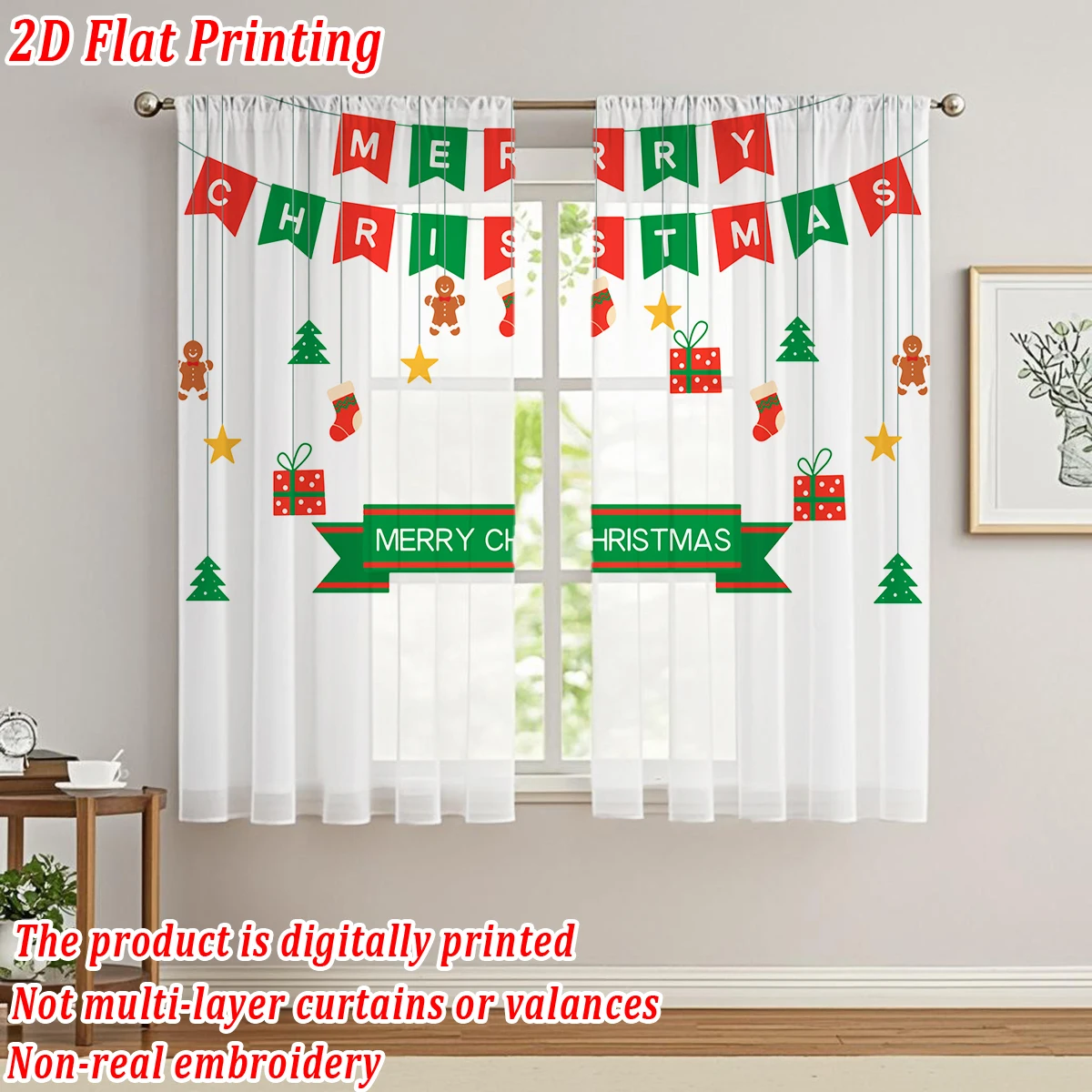 ستارة شفافة للمطبخ مطبوعة مسطحة لعيد الميلاد مع كرة عيد الميلاد كوز الصنوبر ندفة الثلج لحفلة ديكور المنزل في عيد الميلاد