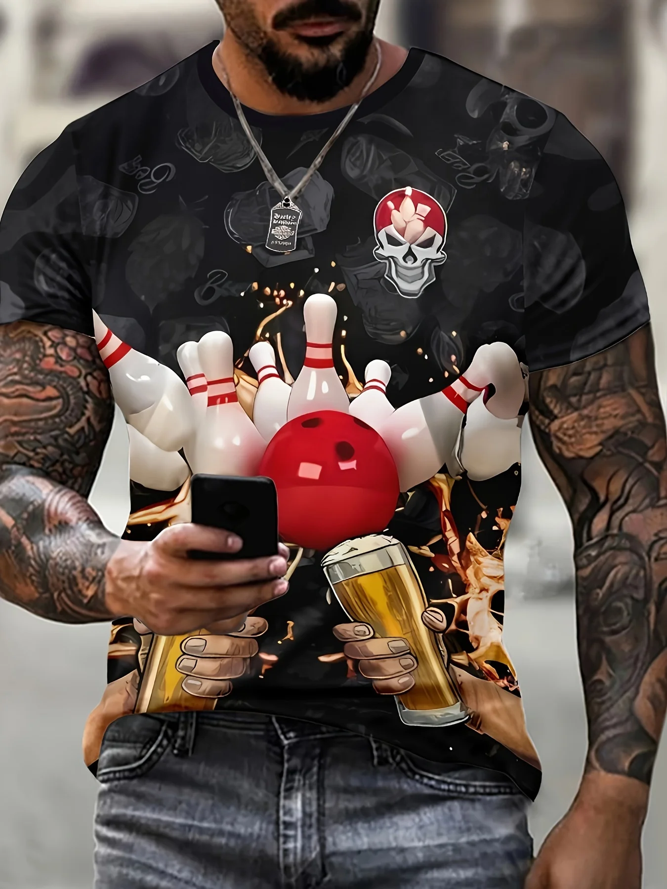 

2024 New Men's Casual Black Bowling Ball 3D Pattern Printed T-shirt