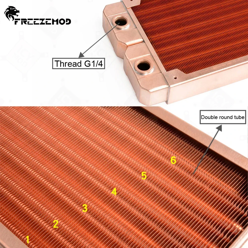 FREEZEMOD Radiatore in rame a tubo tondo da 7 mm Filettatura G1/4 * 2 Camera d'acqua in ottone/Pinne con piastra protettiva per ventola da 120 mm TSRP-ZT-TG