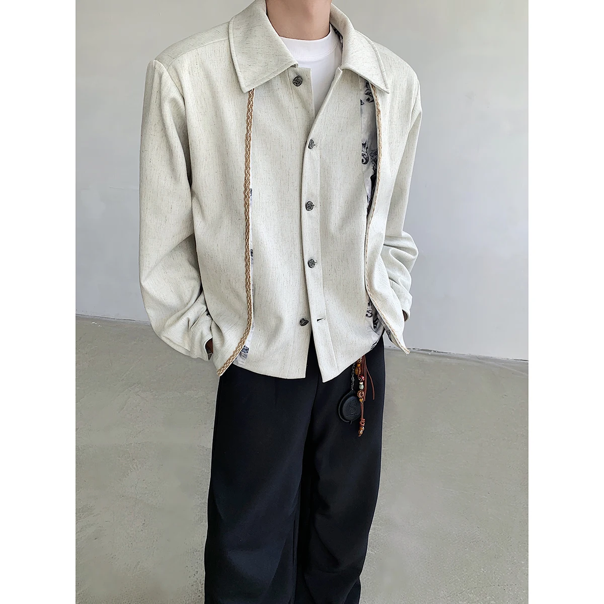 

Taichiism Men's ort Linen Jaet Floral Print Turn-down Collar Spring Autumn Design Texture High-end Feeling Casual Coat