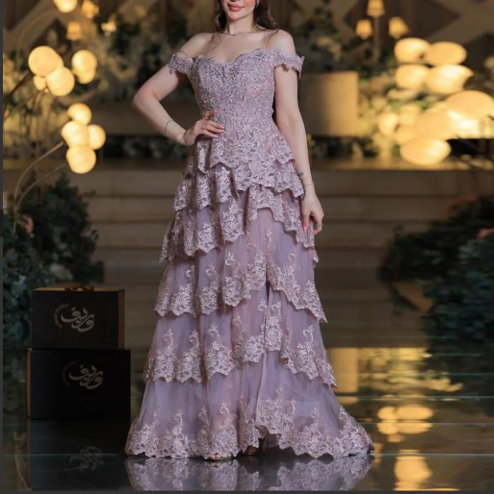 Robe de soirée multicouche personnalisée, épaules dénudées, robe de bal en Tulle à plusieurs niveaux avec Appliques perlées, ligne A, robes d'invitées de mariage