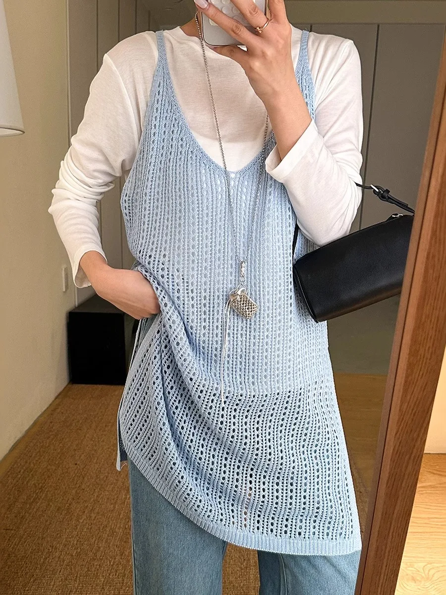 

Women's Knitted Hollow out Hook Flower Strap Vest Dress Top Sweet Style Loose Fit mid Length Summer New Arrival European Fashion
