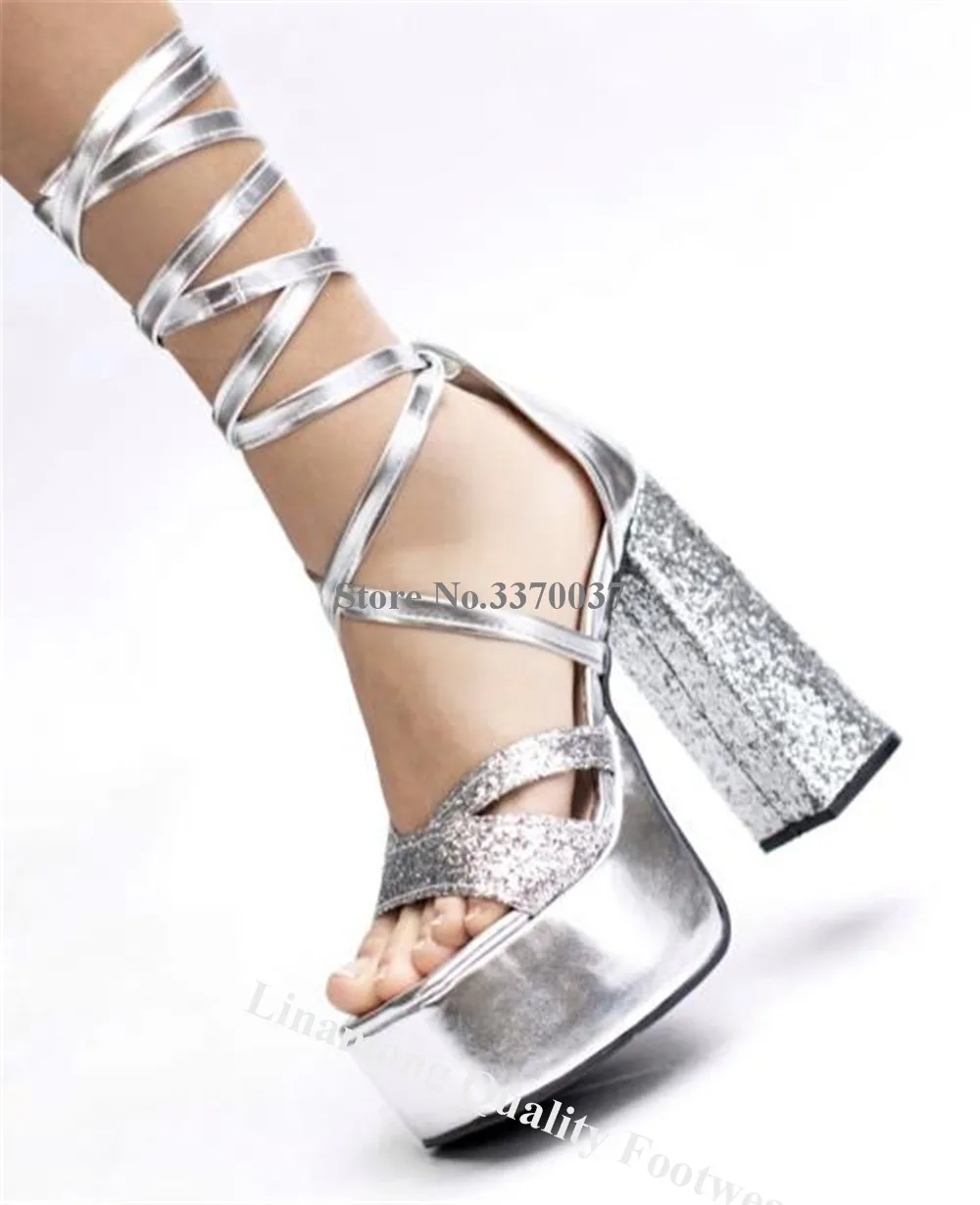 Linunter glänzende silberne Patchwork-Glitzer Chunky Heel Sandalen Träger Kreuz hohe Plattform dicke Ferse Pailletten Hochzeit Heels