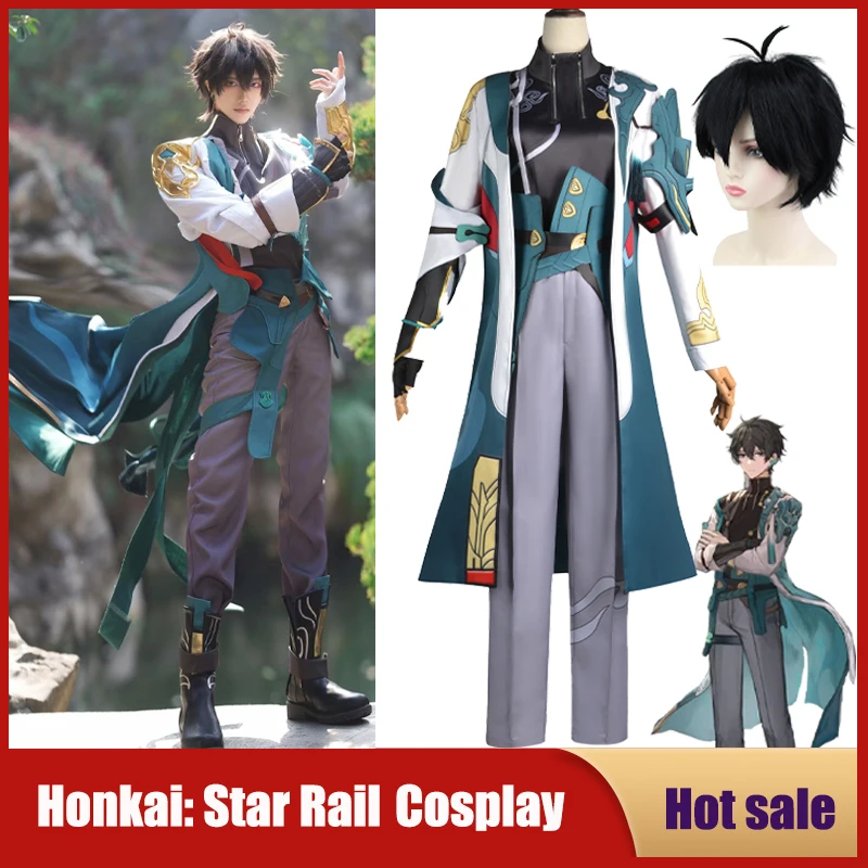 

Game Honkai: Star Rail Cosplay Costume DanHeng Antiquity Gorgeous Men Green Uniform Suit Halloween Carnival Party Wig RolePlay