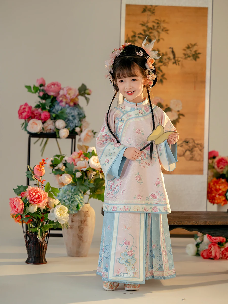 한푸 여아 가을 의류 2024, 어린이 명나라, 긴 중국 스타일, 새로운 중국 말 스커트 세트