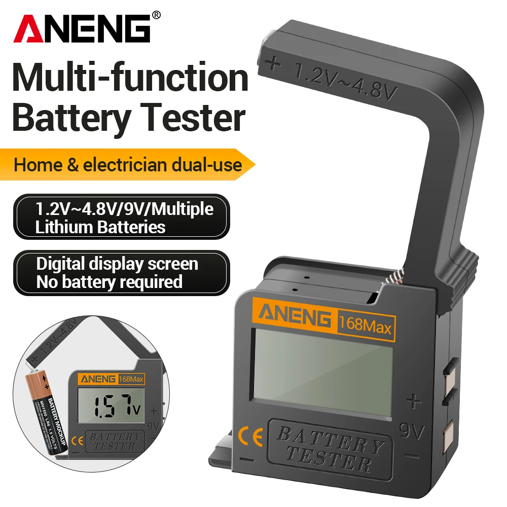 ANENG 168Max Universal Digital Lithium Battery Tester AA/AAA/1.5V/9V/C/D 3.7V Lithium Battery CR2032/LR44 Button Battery Tools