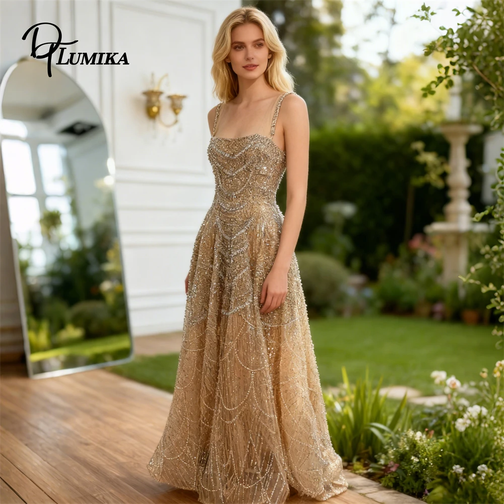 

DTLumika Gold Beaded Prom Dress Spaghetti Straps A Line Formal Occasion Dresses for Women, Luxury Evening Gowns Customized