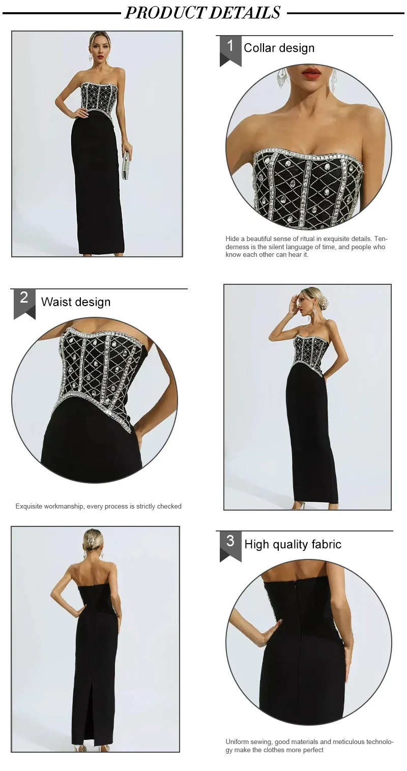 2024 Sexy Women Bandage Dress Black Knitted Strapless Tube Diamonds Studs Nail Beads Celebrity Night club Party Evening Gown