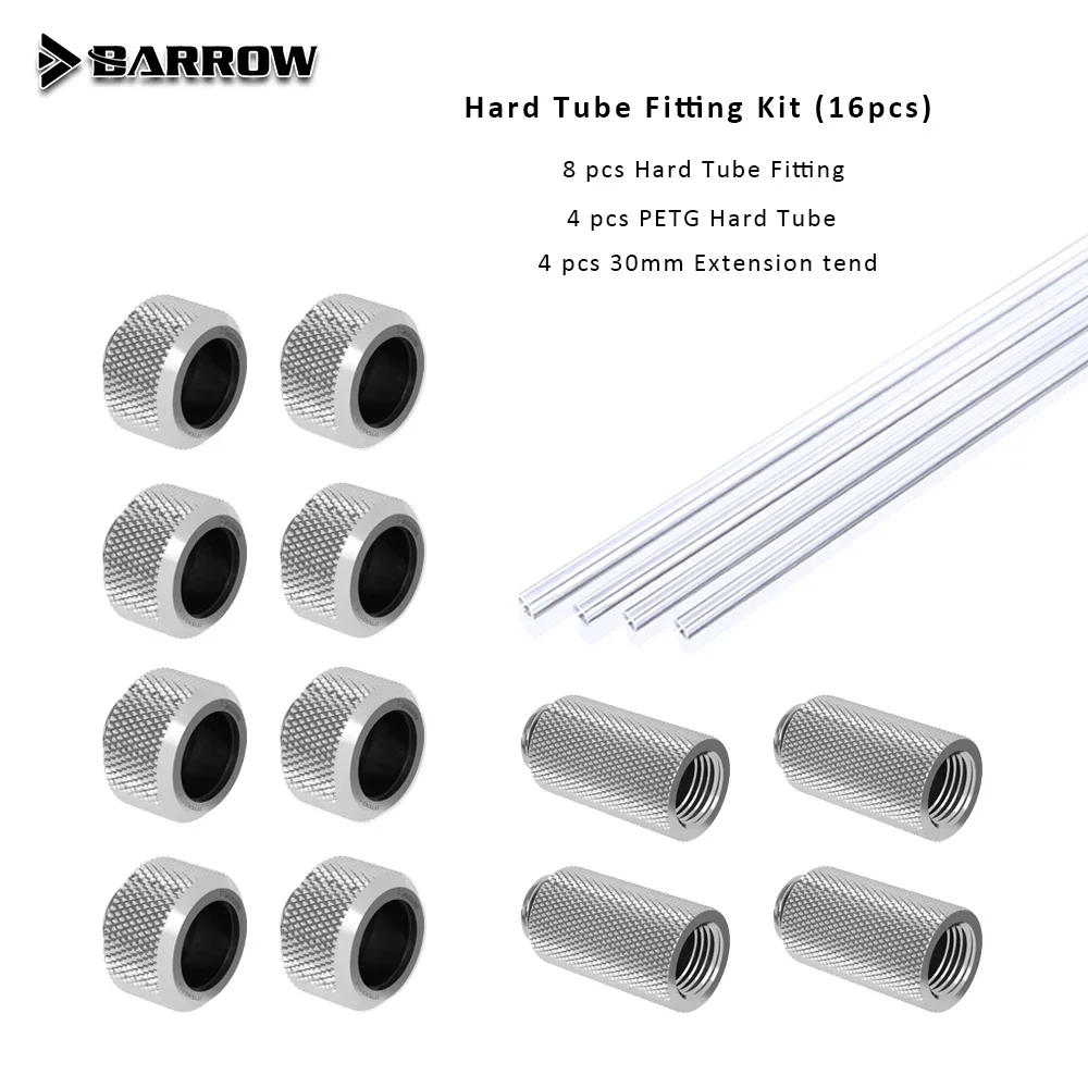 Barrow PETG Hard Tube Fitting Kit use for OD12mm/14mm/16mm /4pcs PETG Tube/ 4pcs 30mm Extend Fitting / 8pcs Hard Tube Fitting