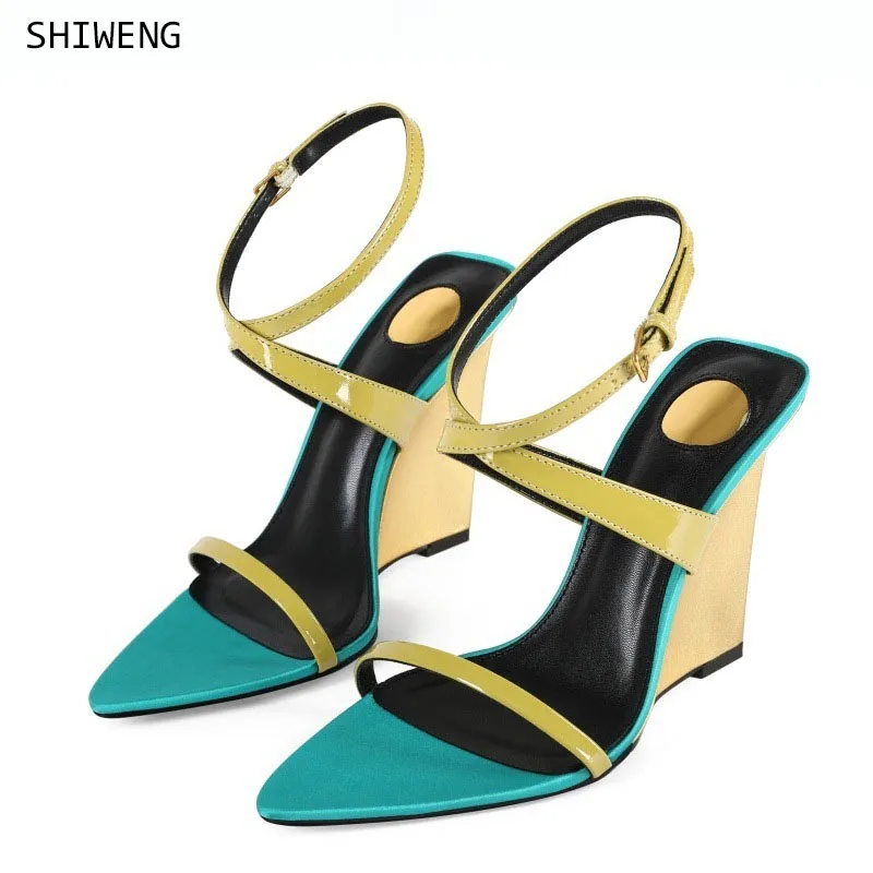 

Women Green Yellow Color Block Pointed Toe Wedge Heel Sandals Ankle Strap Buckle Open Back Summer Party Club Dress shoes