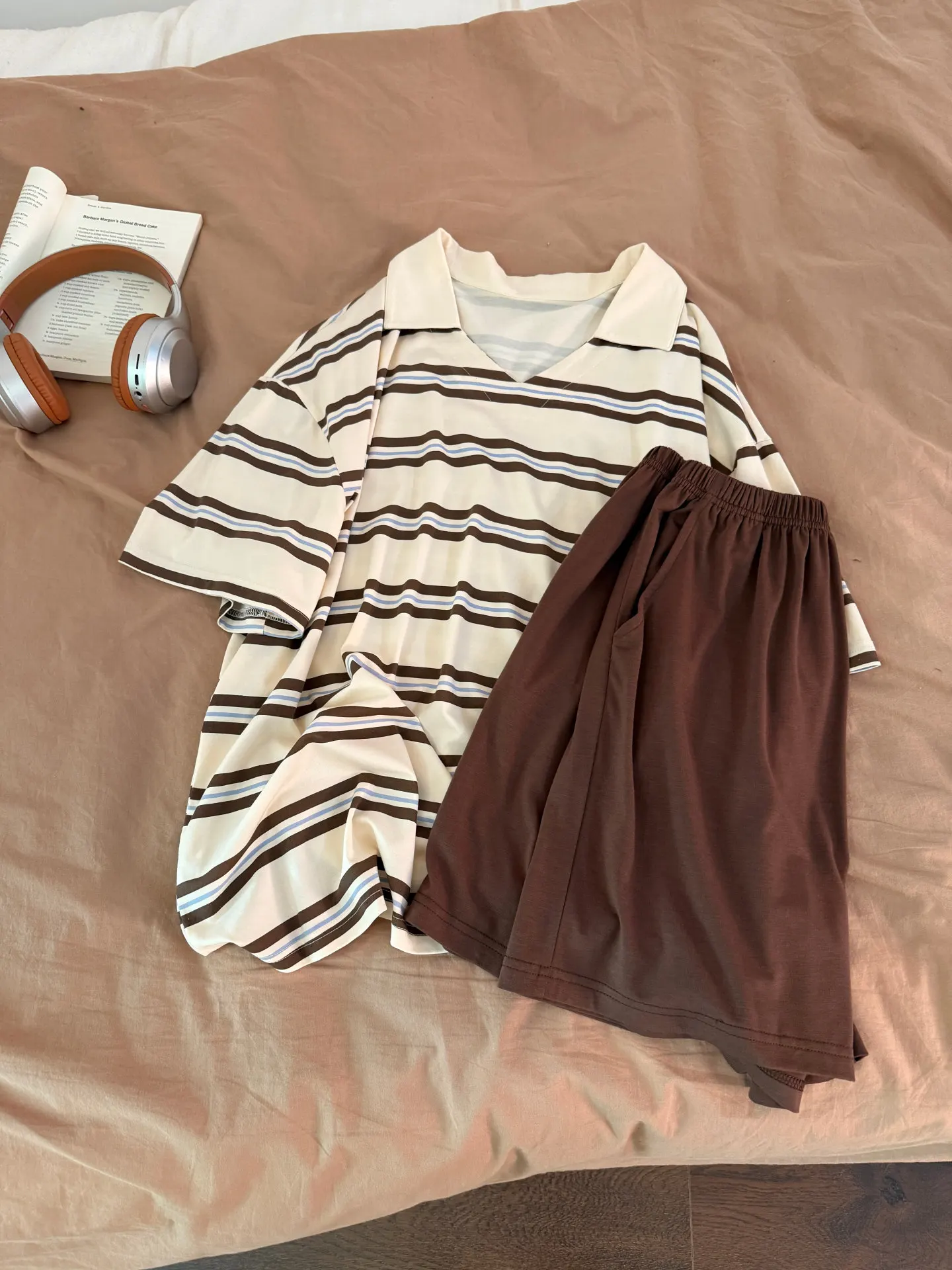 summer-women's-spwear-cotton-ort-sve-home-clothes-set-striped-pattern-large-size-suitable-for-outdoor-wear