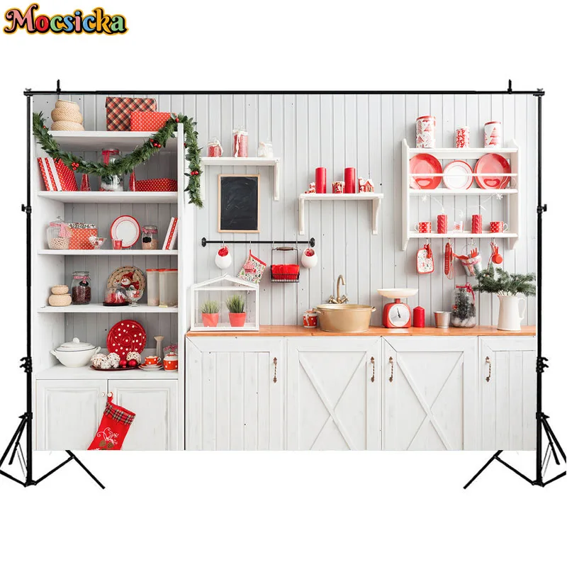 Christmas Modern Kitchen Photography Background White Cabinets Wood Wall Cook Decor Kids Birthday Portrait Backdrop Photo Studio