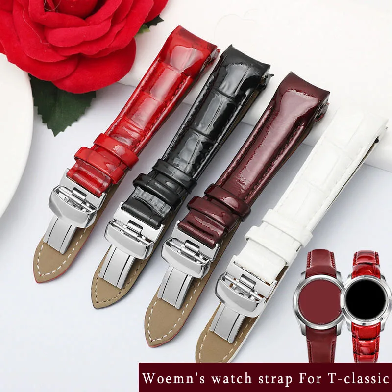 Cowhide lea/ther watch strap 18 red balck white folding buckle Women\'s watchband For Tissot 1853 T035 T-classic T035210A T035207