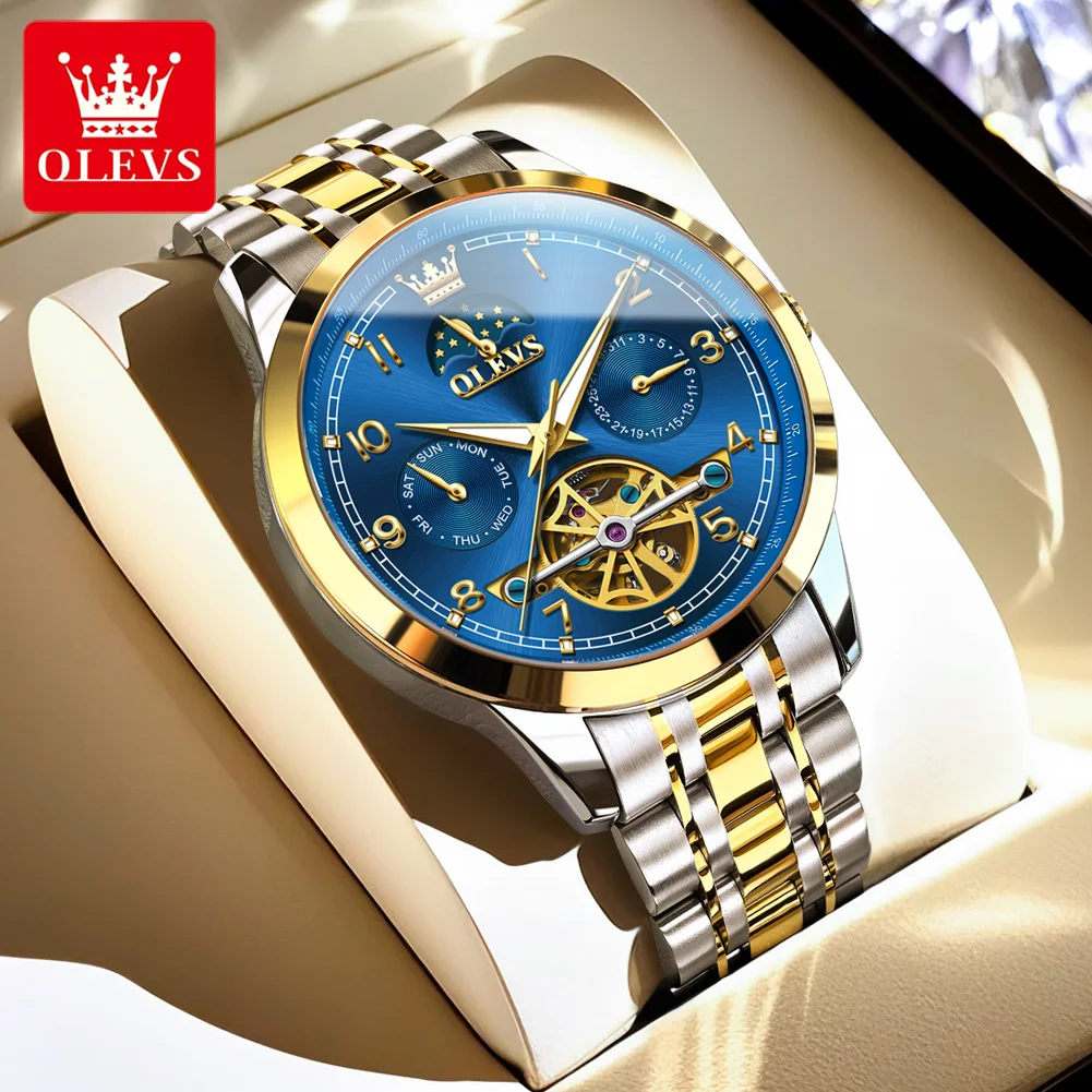 ساعات OLEVS أوتوماتيكية للرجال ساعة يد ميكانيكية أصلية فاخرة بهيكل عظمي توربيون بتقويم كلاسيكي لرجال الأعمال #2