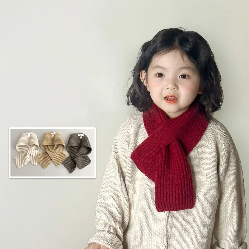 1 Piece Simplicity Solid Color Young Kids Girl Scarf Korean Fashion Knitted Scarf for Toddler Autumn Winter Warm Plush Scarfs