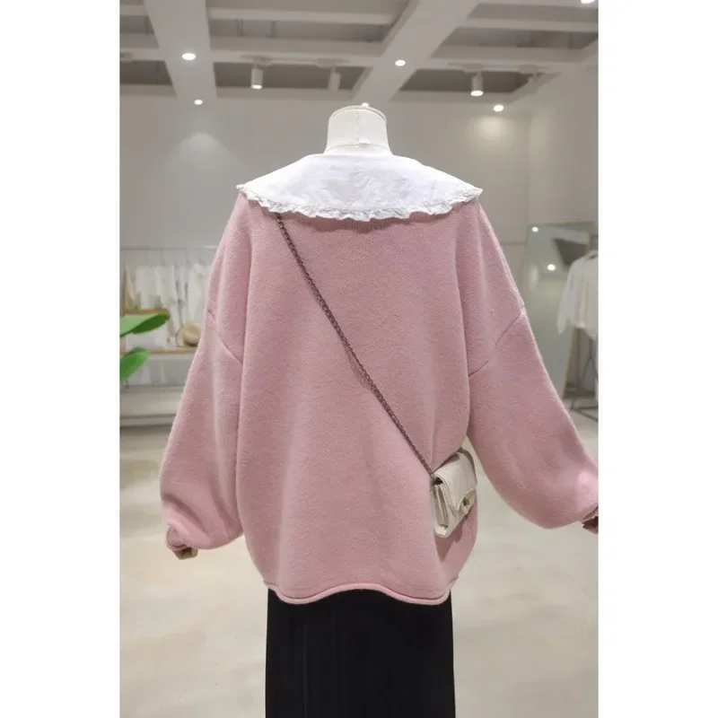 Sweet Complexion Bow Flocked Cardigan Knitwear Jacket 2024 Autumn And Winter Loose Thickened Warm Crew Neck Sweater Coat Women