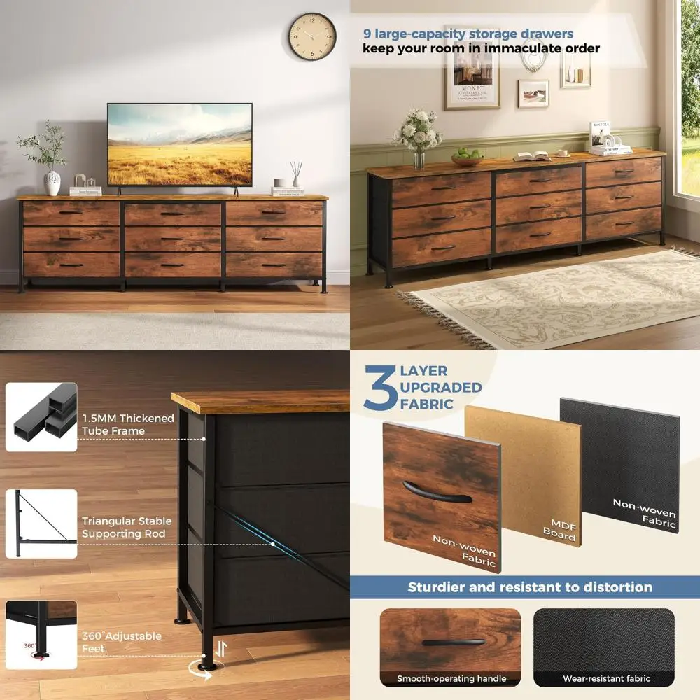 

Rustic 9-Drawer Fabric TV Stand for 75 TVs, Entertainment Console with Storage for Living Room and Bedroom