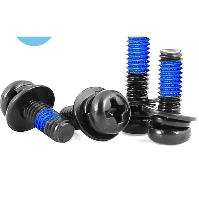 M2.5M3M4M5M6 black carbon phillips round head screw sets with spring wash flat washer anti-loose spot blue glue screw 1190