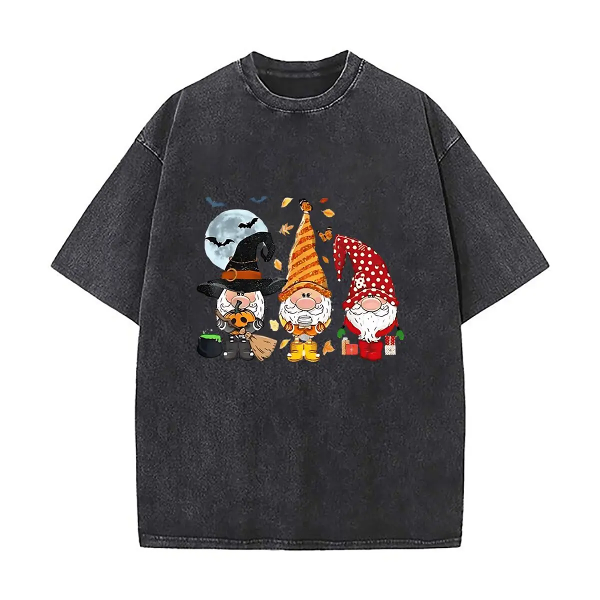 Halloween Autumn Christmas Gnomes Home Decor Washed Vintage Short Sleeve Loose Streetwear Tee