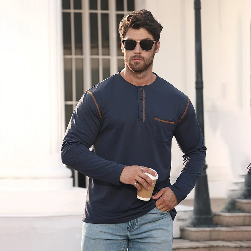 Autumn Winter New Men's Loose Long Sleeve T-Shirt Fashion Button Business Casual Shirt Pocket Breathable O-Neck Bottoming Shirts
