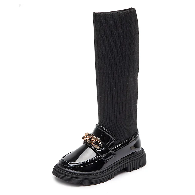 2023 New Winter Korean Over-the-knee Boot for Girls with Metal Chain Sock Boots Kids Fashion Solid Glossy Chic Girls Casual Shoe