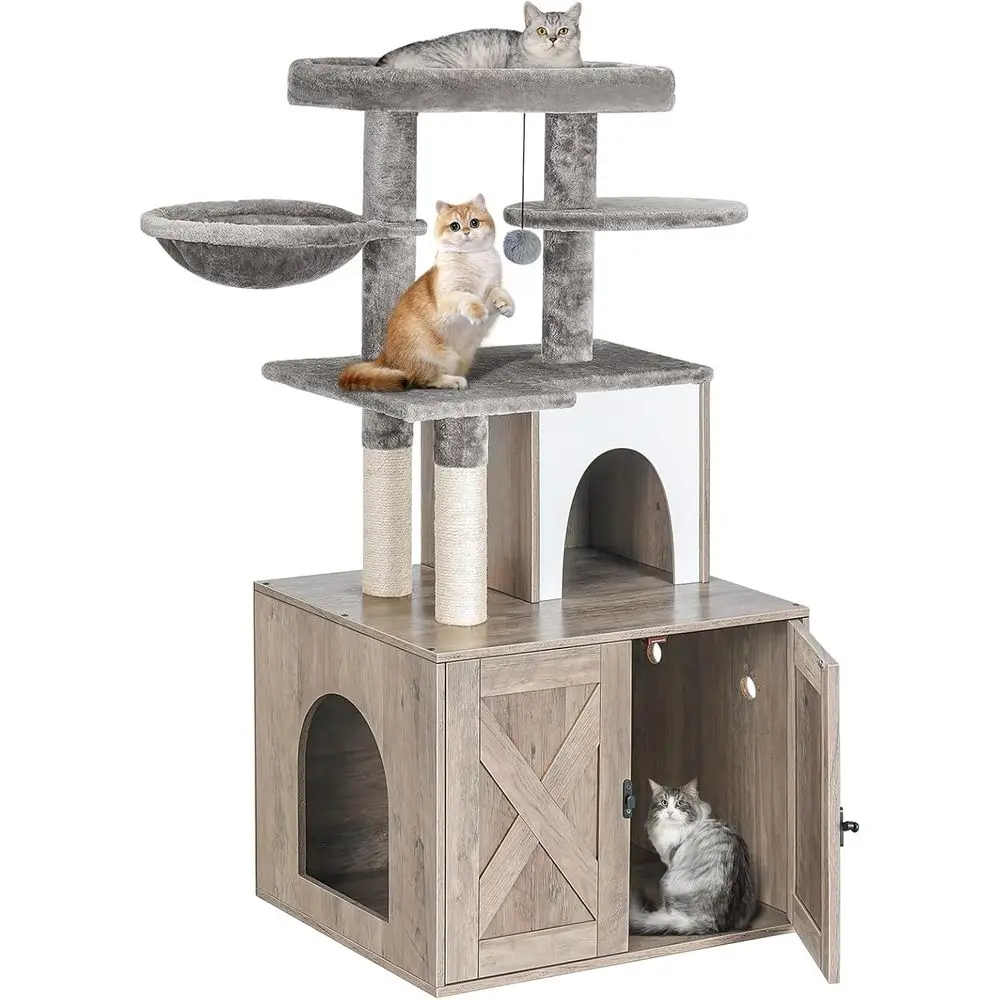 Cat Litter Box Enclosure with Tree Tower and Condo, Hidden Washroom Furniture with Sisal Scratching Post and Plush Perch, Wooden