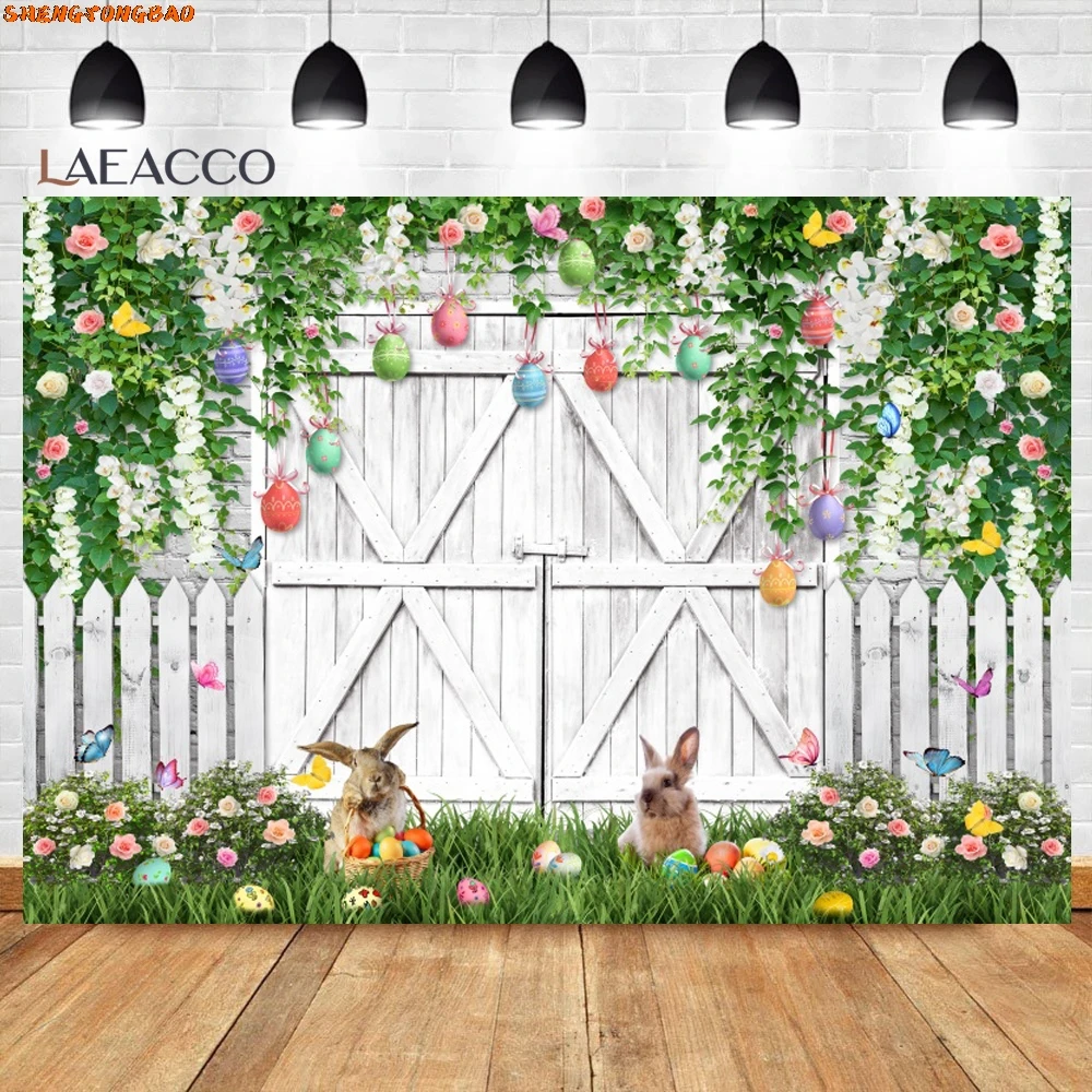 Happy Easter Backdrops for Photography Wooden Door Bunny Colorful Eggs Spring Flower Green Grass Kids Portrait Photo Background