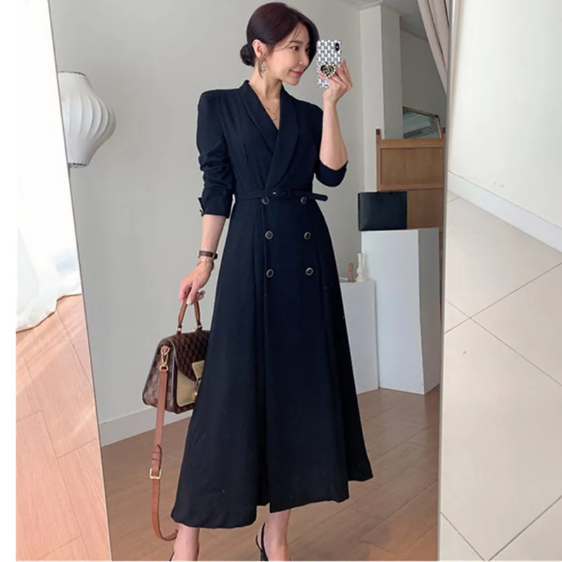 Elegant Suit Collar Double Breasted Bandage Waist Solid Color Trench Dress Vestidos De Mujer Black White Office Lady Maxi 3270