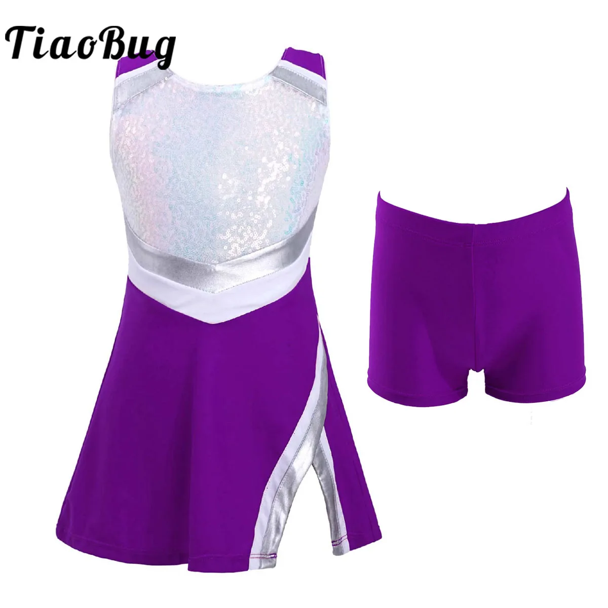 Kids Girls Sleeveless Sequins Cheerleader Dancewear Sparkly Stage Performancae Gymnastics Dance Dress Costume with Shorts Outfit