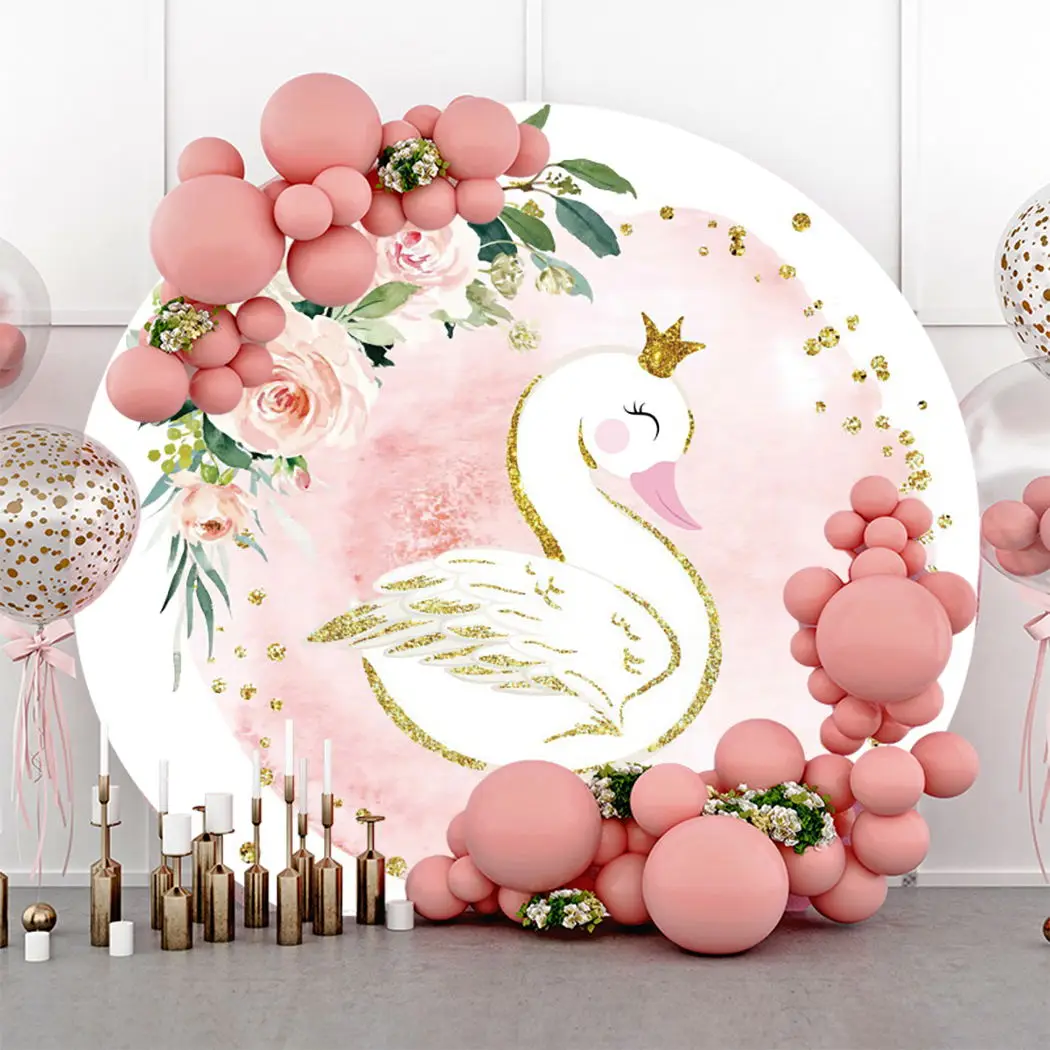 

Swan Gold Crown Baby Birthday Party Round Portrait Photocall Backdrop Flower Floral Circle Photography Background Photo Studio