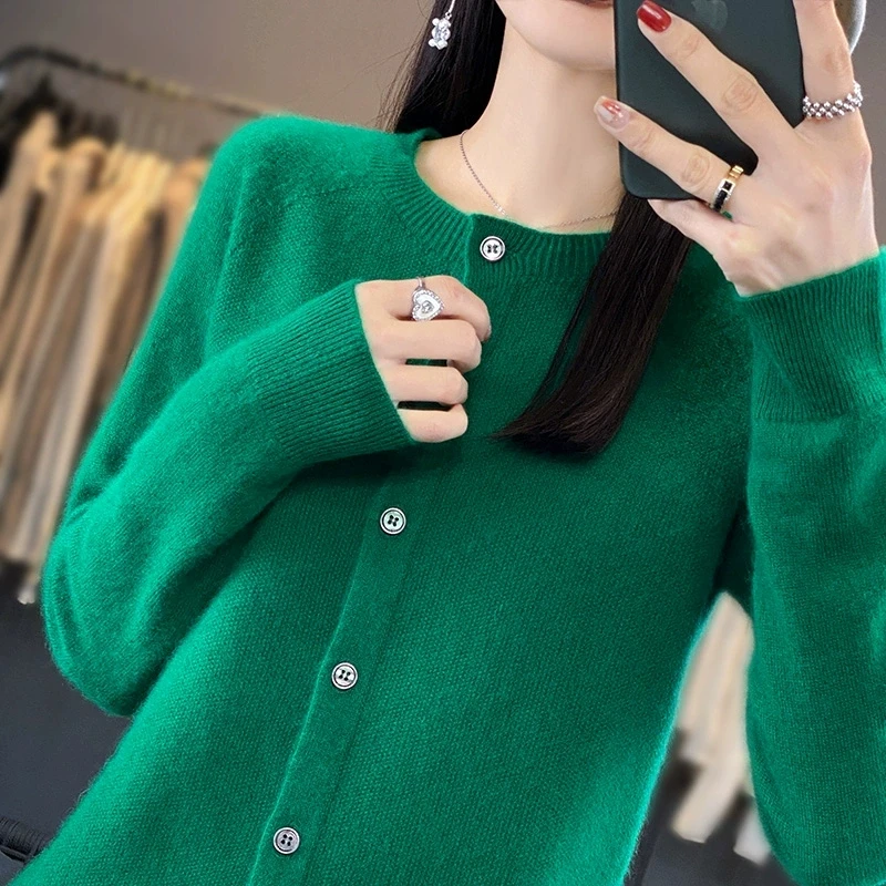 

Women's Knitted Sweater Cardigan 2025 Spring Autumn New female round neck long sleeved Sweater Jacket Pink Short Cardigans Outer