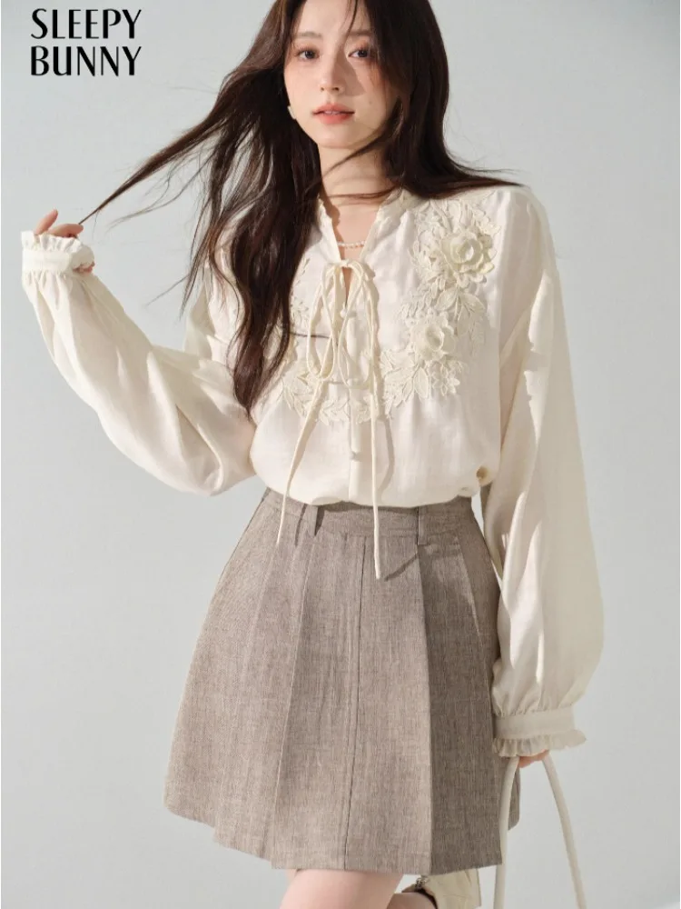 French Embroidered Blouse V Neck Long Sleeve Shirt for Women Autumn Lace Floral Top Chic Vintage Inspired Design Fashion Outfit