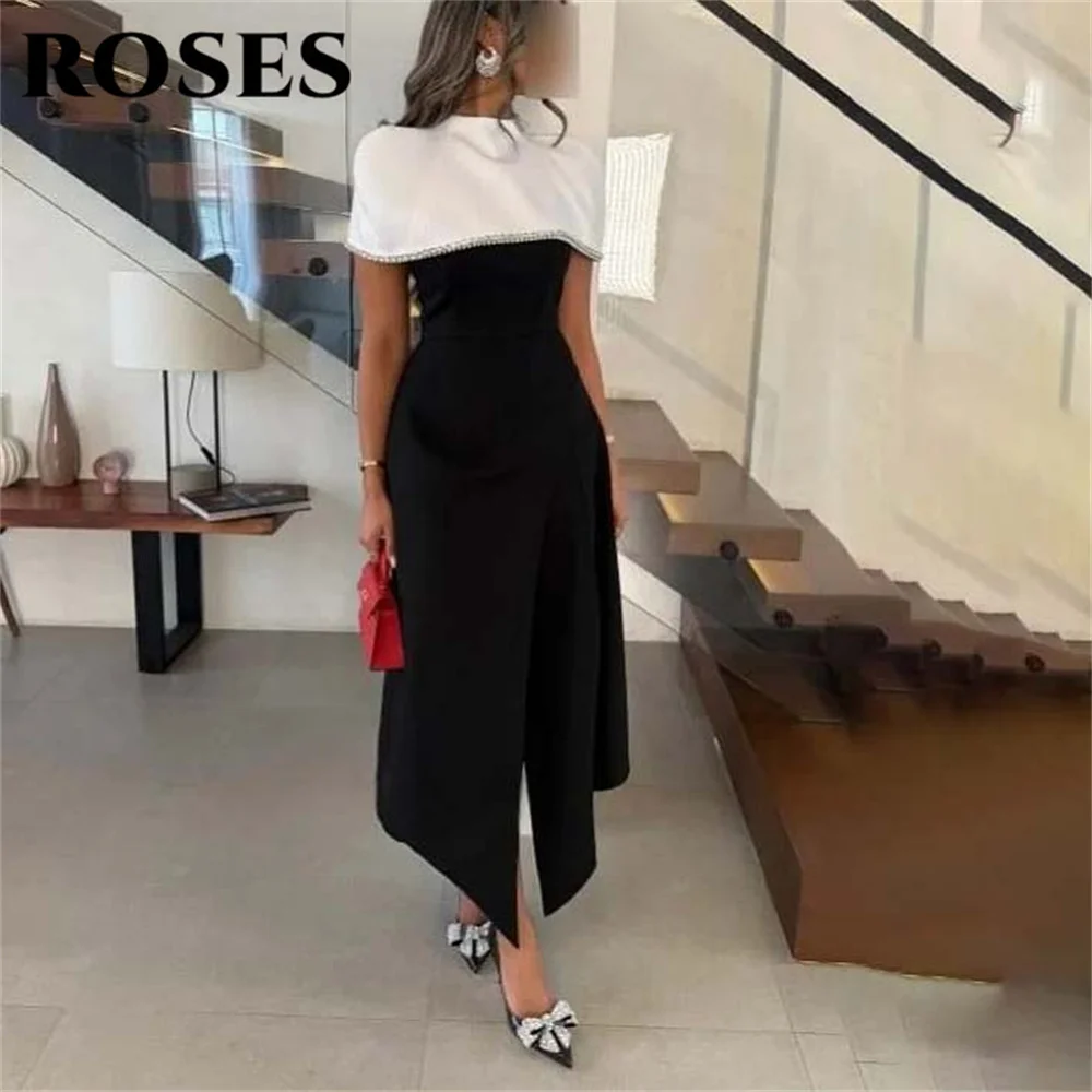 กุหลาบสีดําเรียบง่ายชุดราตรีซาอุดีอาระเบียแยกพรหมชุดปกติแขนจีบซาตินงานแต่งงานชุดราตรีที่กําหนดเอง