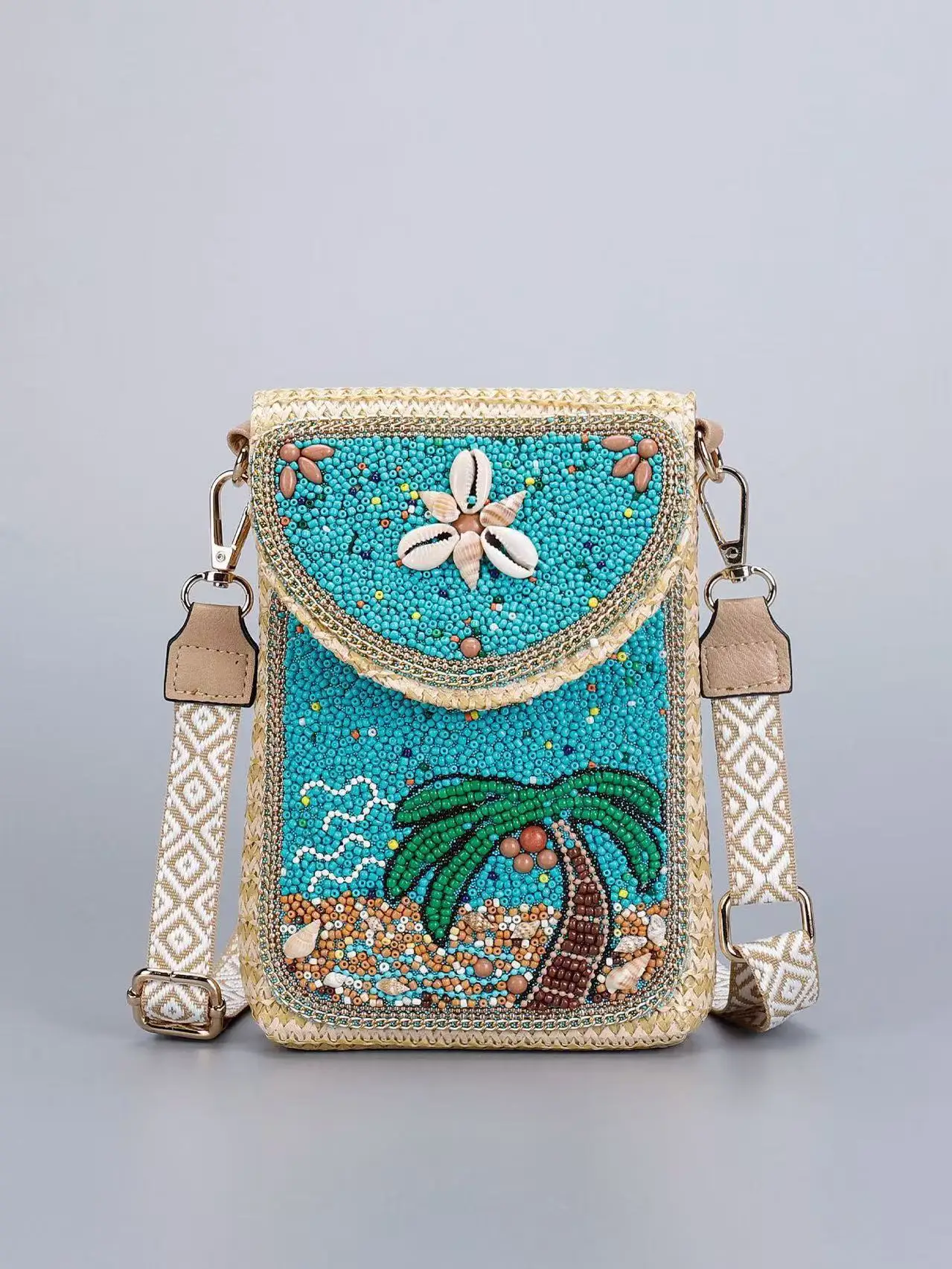 

Lake blue coconut tree island-themed vacation style Straw Crossbody Bag for Women Beaded Woven Mini Phone Purse