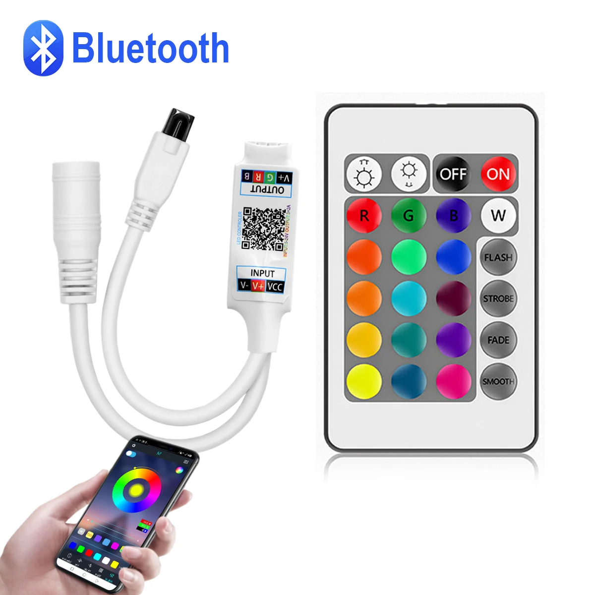 4-pinowy kontroler RGB DC12V Music BT Smart APP Controller z 24-klawiszowym pilotem na podczerwień lub kontrolą aplikacji Bluetooth do oświetlenia