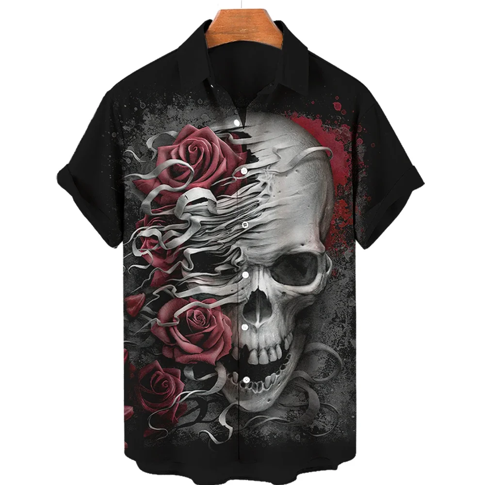 Men Gothic Skull Red Rose Print Cuban Collar Short Sleeve Shirt Loose Button Up Summer Beach Vacation Casual Tops