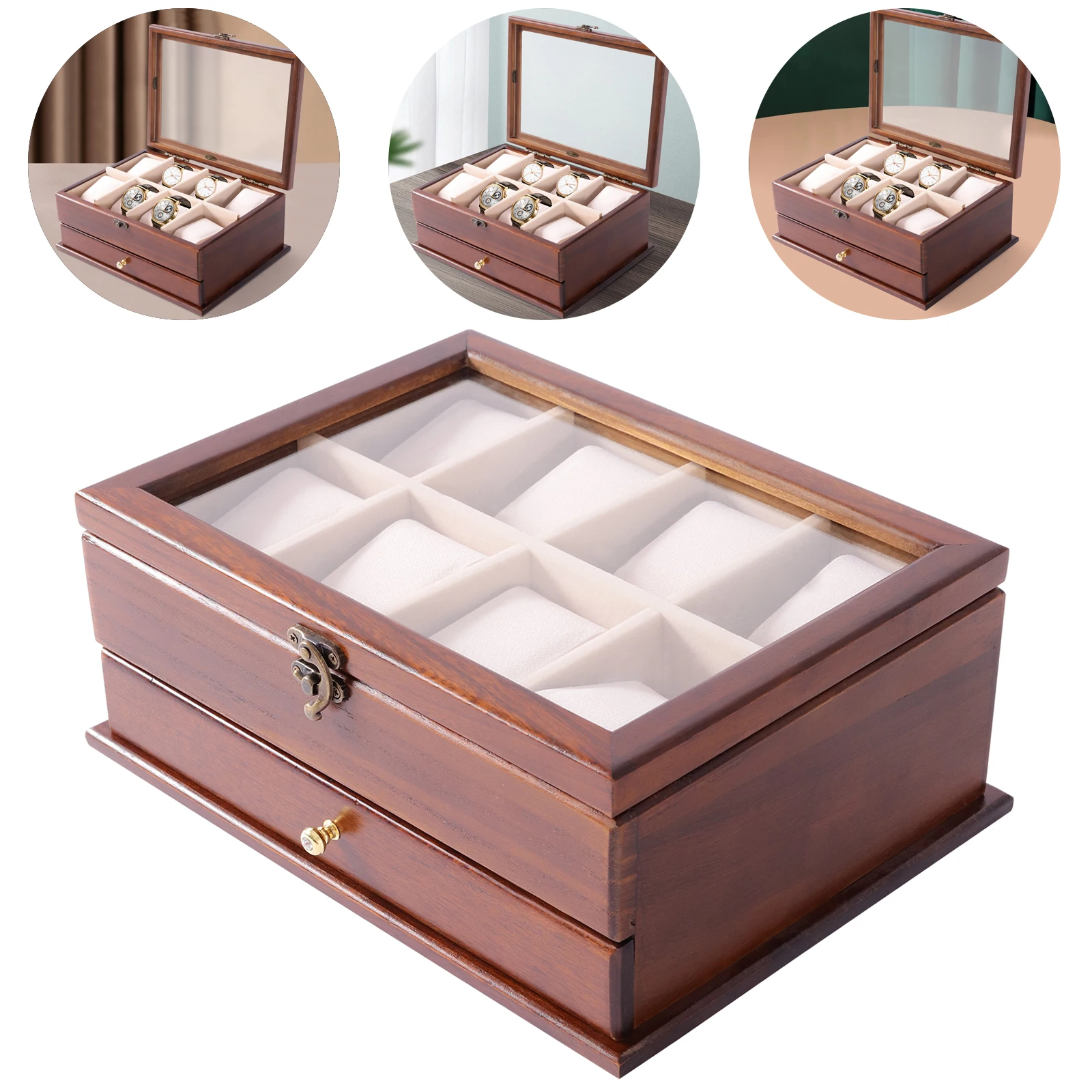 

2-Layer Wooden Watch Box, 8-Slot Solid Wood Watch Box, Vintage Brown Storage Display Case for Watch, Sunglasses, Rings, Bracelet