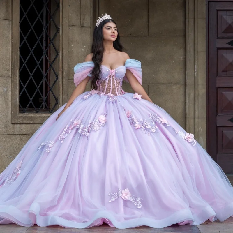 

Customized lavender Off Shoulder Quinceanera Dress Tull Lace layering 3D flower applique vestidos de 15 Quinceanera
