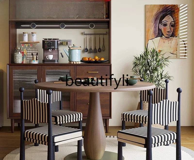 

Medieval dining table French retro round table Modern wabi-sabi solid wood dining table