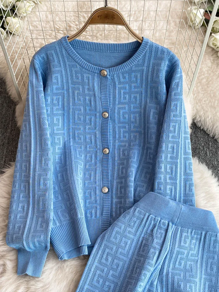 French Vintage Sweater Suits Female Long Sleeve Cardigan+ Elastic Long Pants Fashion Winter Office Lady Knitted Sets